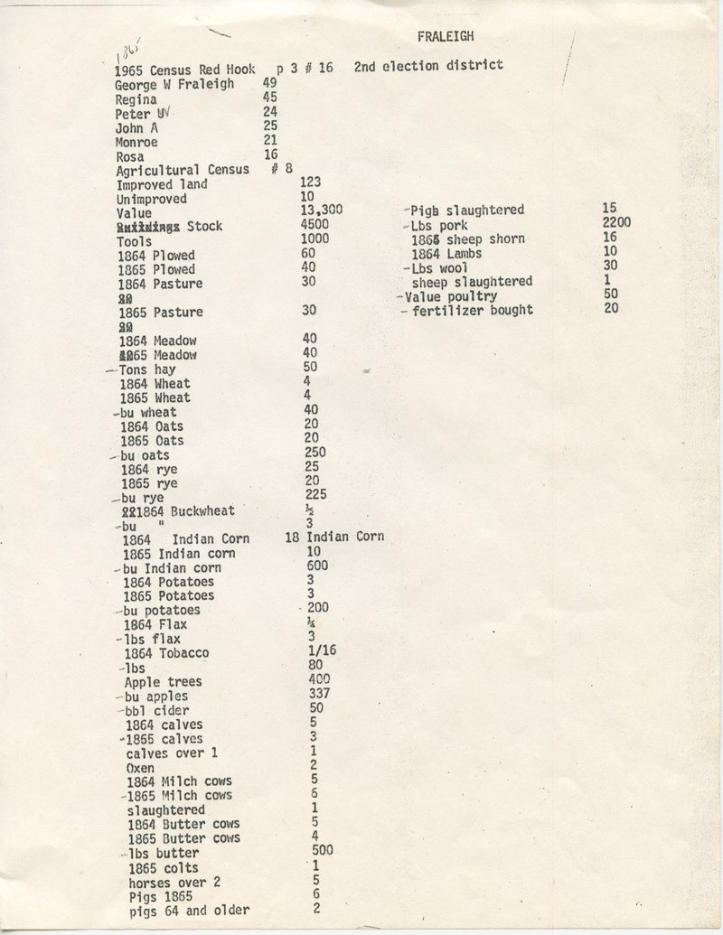 1865 Census of George and Regina Fraleigh's property