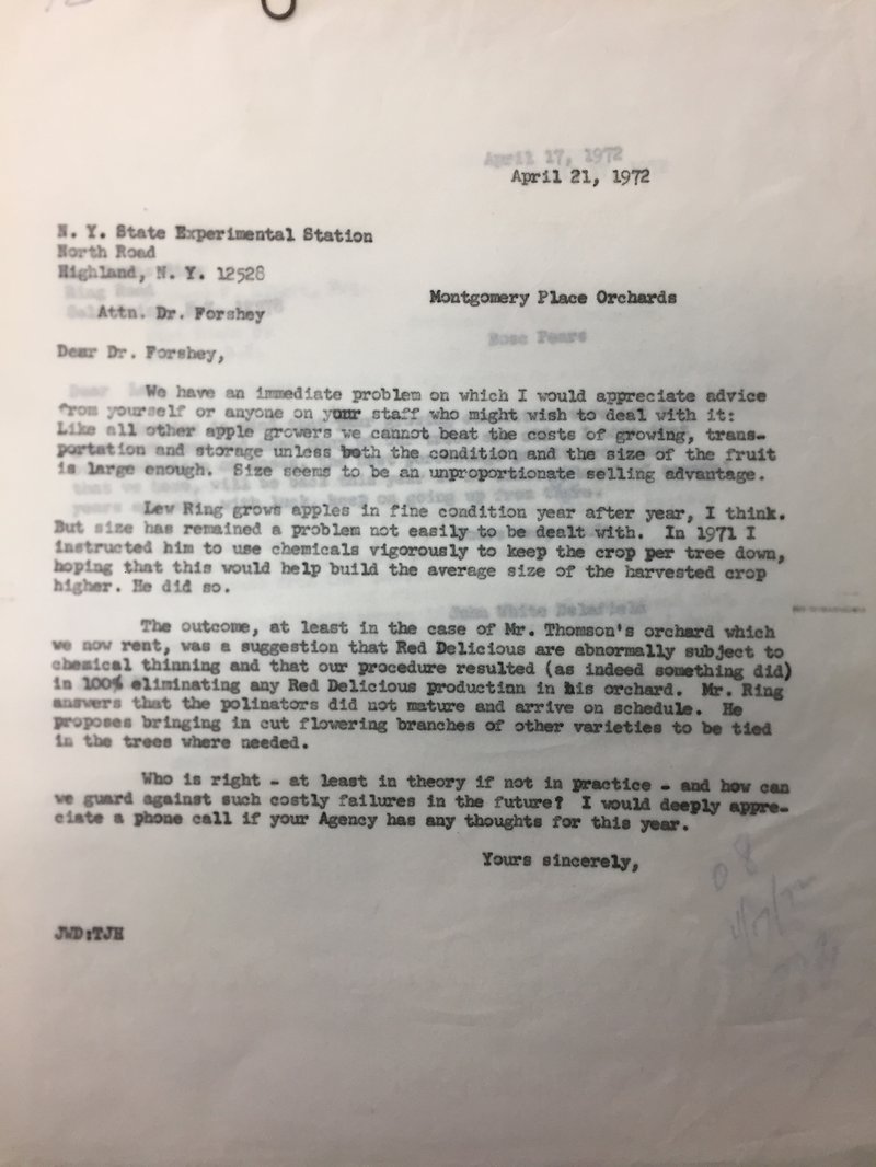 Letter to Dr. Forshey at the N.Y. Experimental Station (North Road, Highland, N.Y. 12528) written April 21, 1972 from John White Delafield at Montgomery Place Orchards