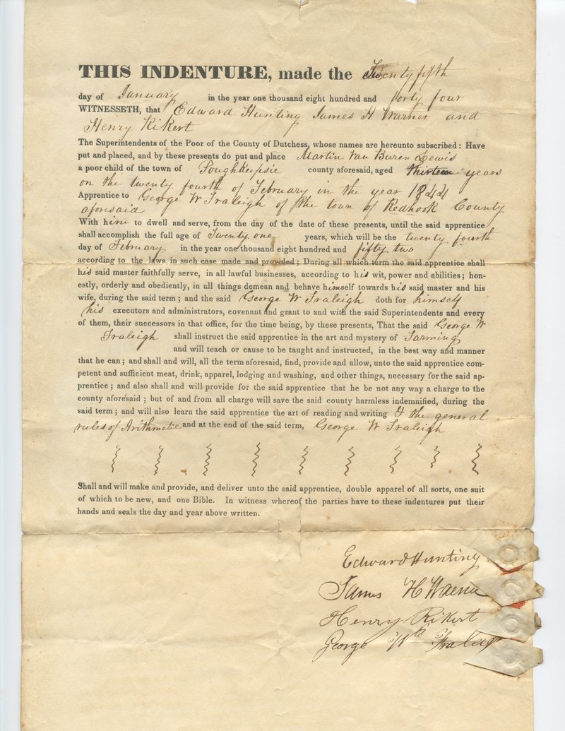 Indenture Document, recto, indicating the date of the document at 1844 and the age and name of Martin Van Buren Lewis